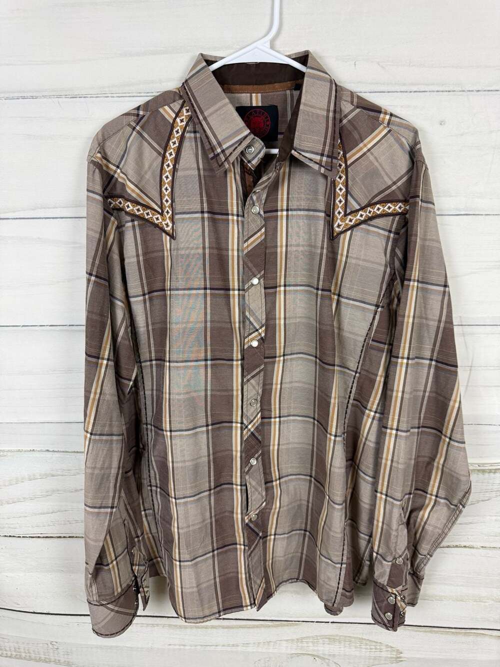 Platini Jeans Cougar Men's Long Sleeve Brown Plaid Western Snap-Down Shirt